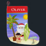 Calcetín Navideño Pequeño Navidades Summer Santa Beach Surfing Personalizado<br><div class="desc">Este diseño cuenta con una bonita playa de Navidades de verano con un Santa de surf tropical con palmeras festivas y snowman de arena en la playa. Perfecto para los que celebran un Navidad tropical o de verano. Navidades. Feliz Navidad. masajeo de cristales. diversión. personalización. nombre personalizado. decoración de casa....</div>