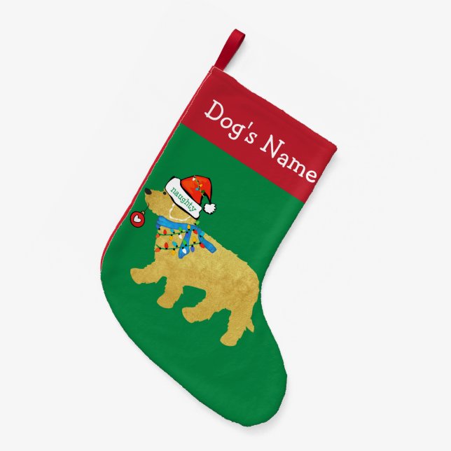 Calcetín Navideño Pequeño Navidades traviesos personalizados Goldendoodle (Frente (Colgado))