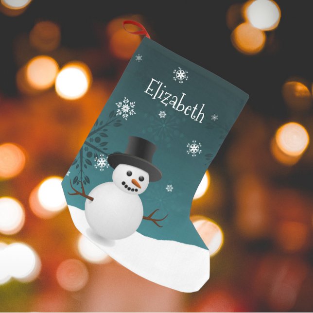 Calcetín Navideño Pequeño Navidades verde azulados de Snowman en la escena i (Teal Snowman Winter Scene Christmas Stocking)