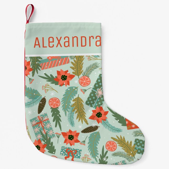 Calcetín Navideño Pequeño Navidades Winter Sage Green Red Poinsettia Name (Anverso)