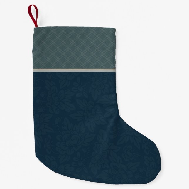 Calcetín Navideño Pequeño Navy Blue Jacquard Floral Placa Verde azulada (Anverso)