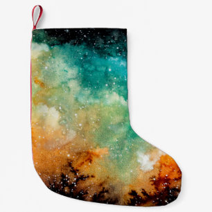 Calcetín Navideño Pequeño Nebulosa amarillo brillante, estrellas y seda colo
