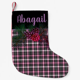 Calcetín Navideño Pequeño Negro rústico, cuadros escoceses rosa -piña