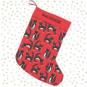 Calcetín Navideño Pequeño Negro y blanco mate Tuxedo Kitty Red Personalizado