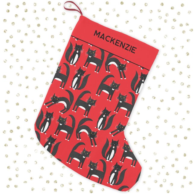 Calcetín Navideño Pequeño Negro y blanco mate Tuxedo Kitty Red Personalizado (Black and white tuxedo cat pattern personalized custom name red Christmas stocking)