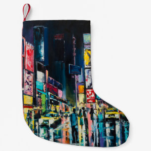 Calcetín Navideño Pequeño "New York" oil painting, a night view of New York,