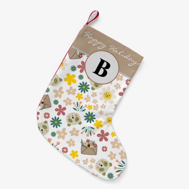 Calcetín Navideño Pequeño nietos monogramados con flor de bonito (Frente (Colgado))