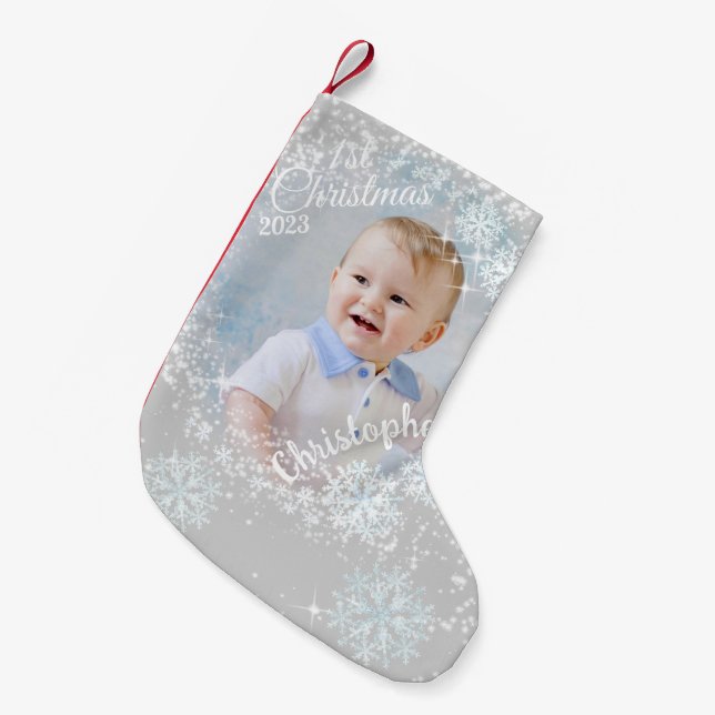 Calcetín Navideño Pequeño Nieve brillante y grisácea (Frente (Colgado))