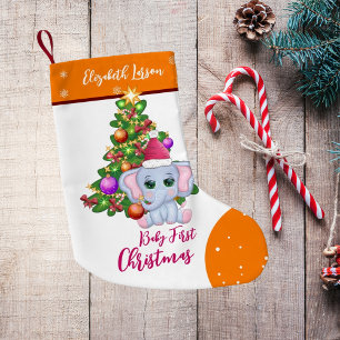 Calcetín Navideño Pequeño Niña Monada PRIMER NAVIDAD Elefante Naranja BEBÉ'S