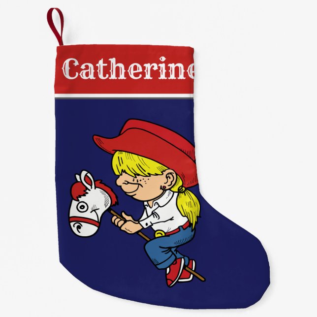 Calcetín Navideño Pequeño Niña Vaquera Occidental En Caballo Palo (Anverso)