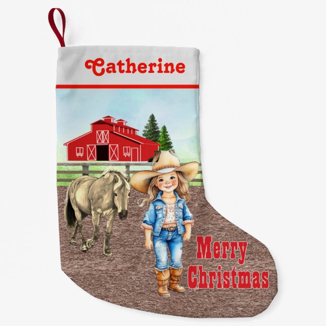 Calcetín Navideño Pequeño Niñita occidental con caballo y granero (Anverso)