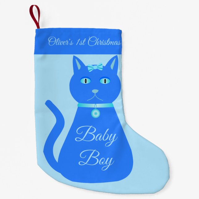 Calcetín Navideño Pequeño Niño azul lindo Personalizado gato primera Navidad (Anverso)