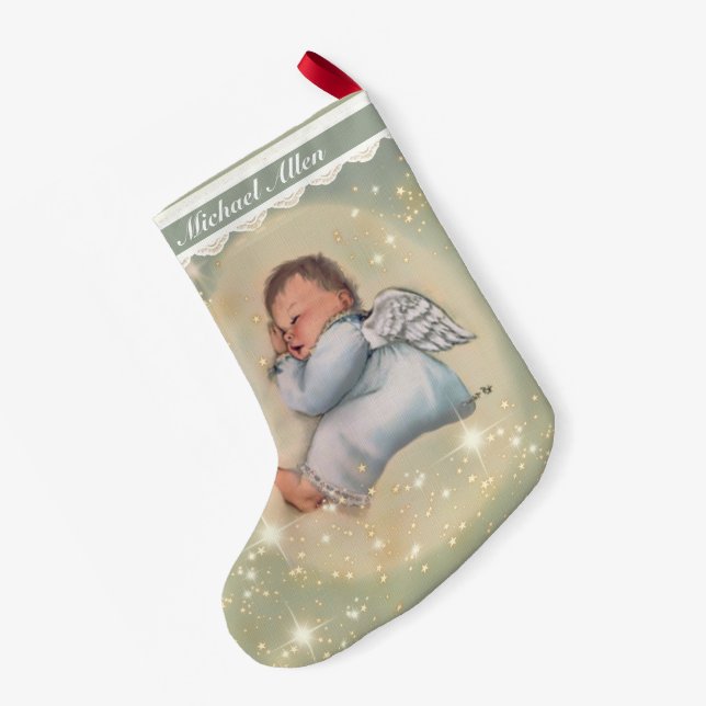 Calcetín Navideño Pequeño Niño varón durmiendo Angel Vintage (Anverso (colgado))