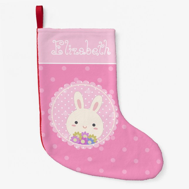 Calcetín Navideño Pequeño Nombra personalizada de Kawaii Bunny y Flores de c (Anverso)