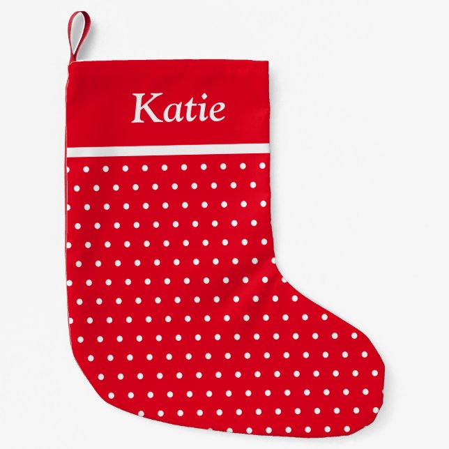 Calcetín Navideño Pequeño Nombre clásico simple Polka Dot rojo y blanco (Anverso)