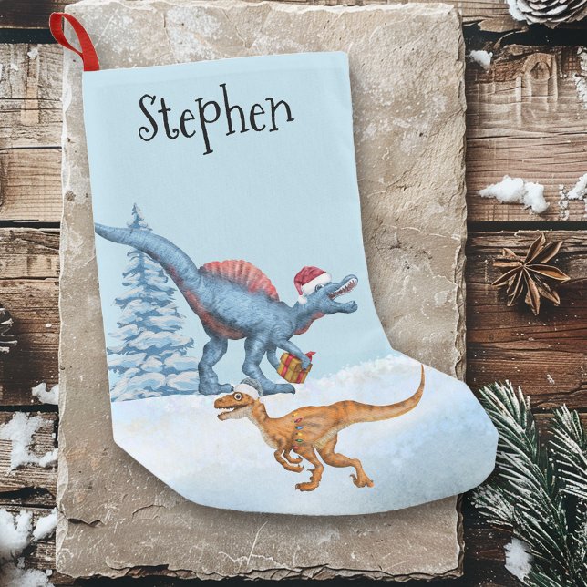 Calcetín Navideño Pequeño Nombre de acuarela de Raptor de Navidad de dinosau (Subido por el creador)