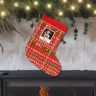 Calcetín Navideño Pequeño Nombre de foto festiva retro roja