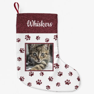 Calcetín Navideño Pequeño Nombre de gato lindo Foto Rosa Dorado Brillo Huell