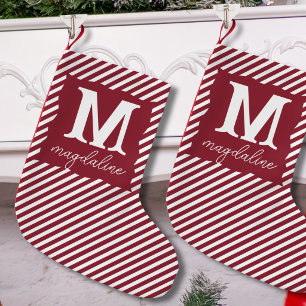 Calcetín Navideño Pequeño Nombre de monograma a rayas rojas y blancas simple