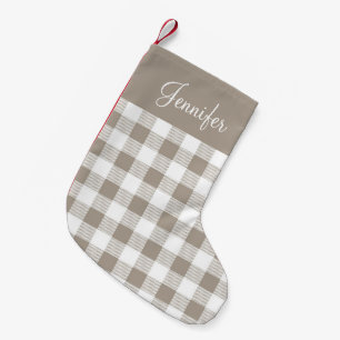 Calcetín Navideño Pequeño Nombre de patrón de cuadros de búfalo beige Taupe 