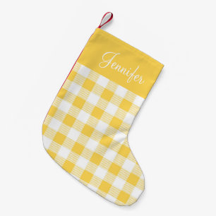 Calcetín Navideño Pequeño Nombre de patrón de cuadros gingham amarillo moder