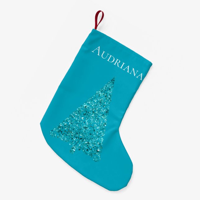 Calcetín Navideño Pequeño Nombre del árbol de Navidad Aqua Blue Sparkle (Frente (Colgado))