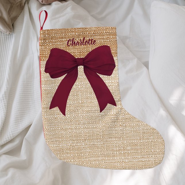 Calcetín Navideño Pequeño Nombre del arco burlap burgundy beige (Subido por el creador)