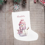 Calcetín Navideño Pequeño Nombre del chica de snowman rosa<br><div class="desc">Fondo blanco con un muñeco de nieve rosa,  chica. Personalice y agregue un nombre.</div>