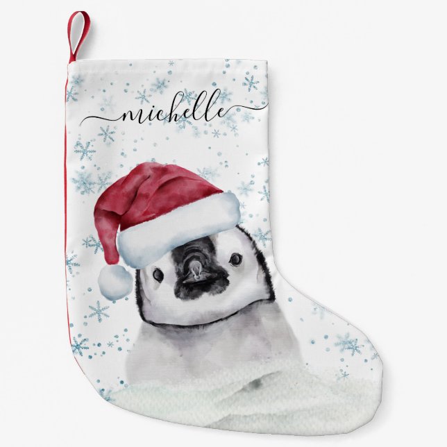 Calcetín Navideño Pequeño Nombre del monograma del bebé pingüino Script (Anverso)