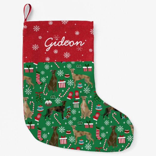 Calcetín Navideño Pequeño Nombre del perro Personalizado Brindle Greyhound (Anverso)