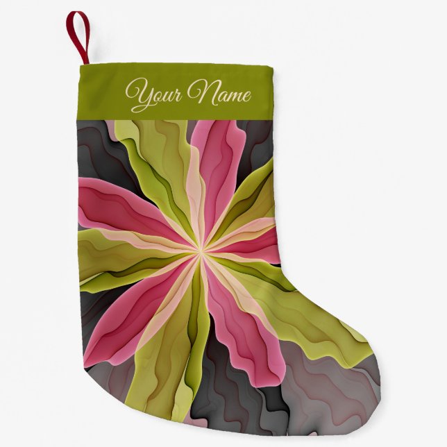 Calcetín Navideño Pequeño Nombre fractal de la flor de la antracita verde ro (Anverso)