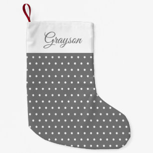 Calcetín Navideño Pequeño Nombre moderno mínimo Punto de polka gris y blanco