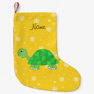Calcetín Navideño Pequeño Nombre personal tortuga copos de nieve amarillos