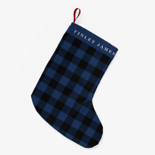 Calcetín Navideño Pequeño Nombre Personalizado Azul Negro Plaid Búfalo Rústi