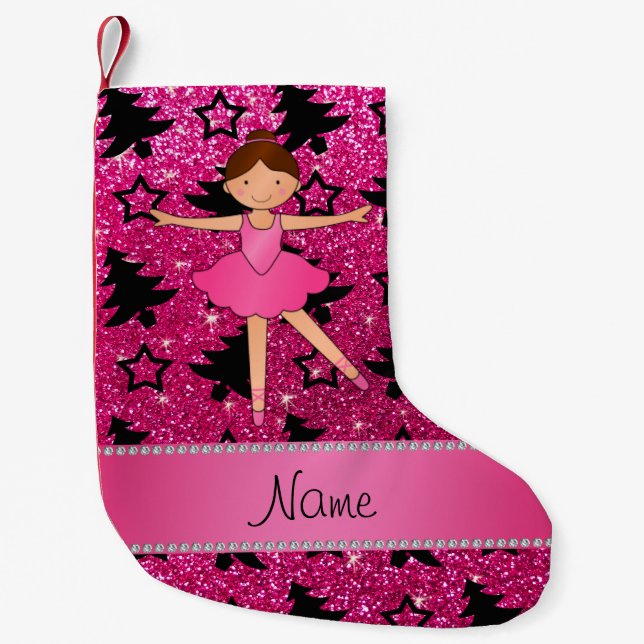 Calcetín Navideño Pequeño Nombre personalizado bailarina purpurina rosa (Anverso)
