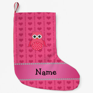 Calcetín Navideño Pequeño Nombre personalizado búho rosa corazones rosados