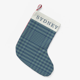 Calcetín Navideño Pequeño Nombre Personalizado Clásico Azul Retro Glen Plaid