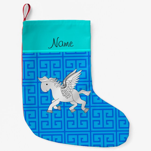 Calcetín Navideño Pequeño Nombre personalizado clave azul griega pegasus (Anverso)