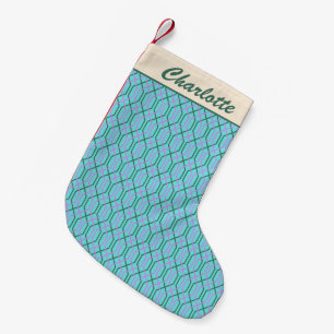 Calcetín Navideño Pequeño Nombre Personalizado con Patrón Retro Groovy Azul 