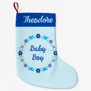 Calcetín Navideño Pequeño Nombre personalizado de Blue Baby Boy Butterflies 