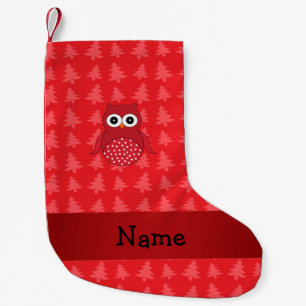 Calcetín Navideño Pequeño Nombre personalizado de búho de navidad roja