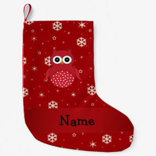 Calcetín Navideño Pequeño Nombre personalizado de búho de nieve rojo