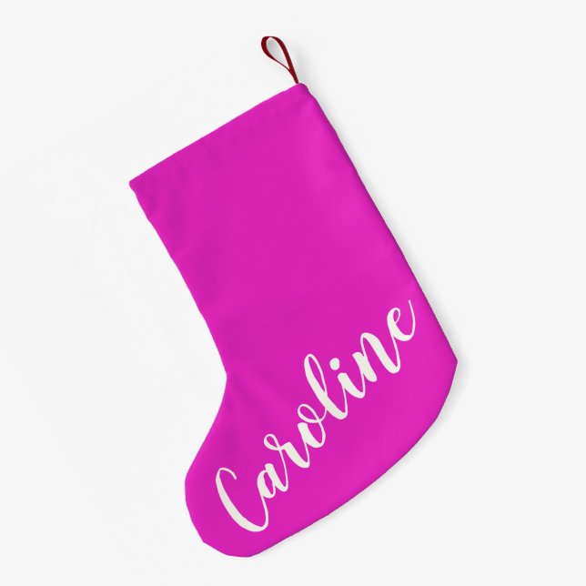 Calcetín Navideño Pequeño Nombre personalizado de caligrafía rosada caliente (Anverso (colgado))