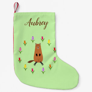 Calcetín Navideño Pequeño Nombre personalizado de cute Groundhog y Tulip Flo