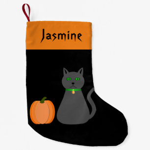 Calcetín Navideño Pequeño Nombre personalizado de gato y calabaza de Hallowe