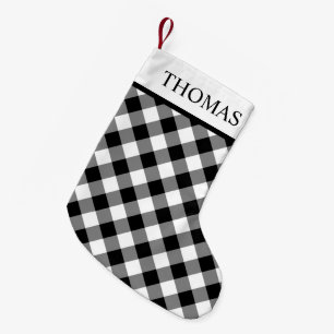 Calcetín Navideño Pequeño Nombre personalizado de Gingham blanco negro