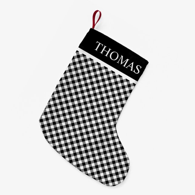 Calcetín Navideño Pequeño Nombre personalizado de Gingham blanco negro (Frente (Colgado))