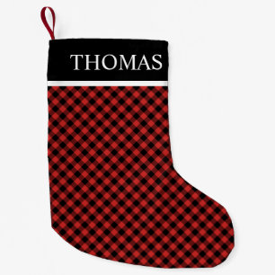 Calcetín Navideño Pequeño Nombre personalizado de Gingham rojo negro