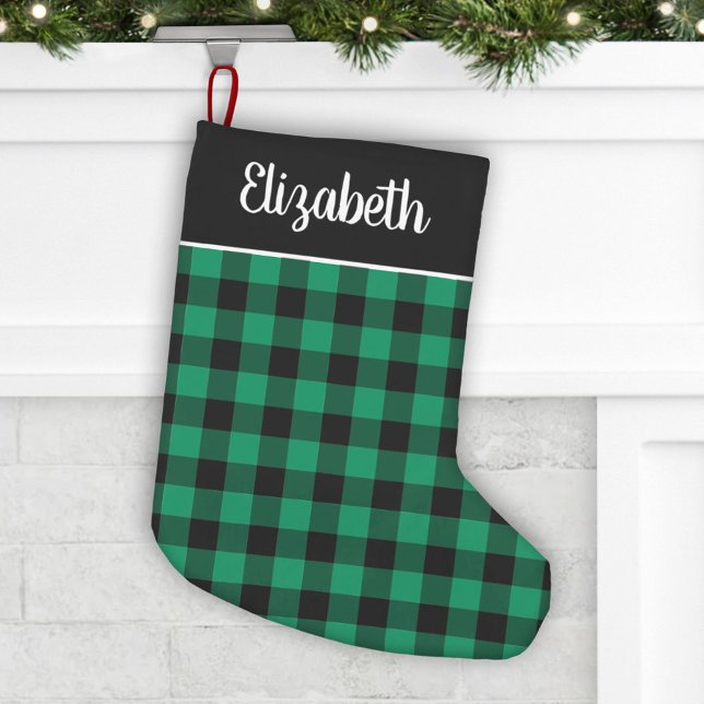 Calcetín Navideño Pequeño Nombre personalizado de la placa de búfalo verde y (Subido por el creador)