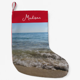 Calcetín Navideño Pequeño Nombre personalizado de las olas de mar y arena